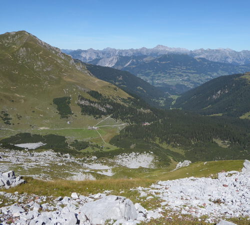 Blick zur Lindauer Hütte im Wald